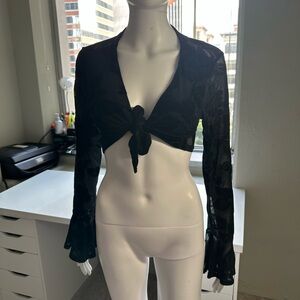 Black velvet smocked and mesh floral Tie-Front Top